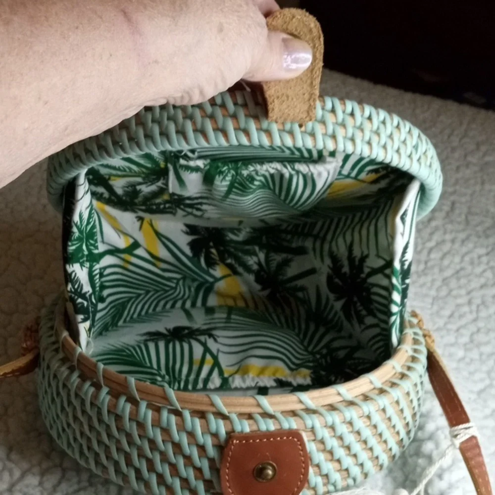 Round woven wicker purse with leather crossbody.  Check out pics!  NWT